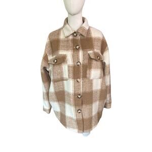 Aqua Bloomingdale’s Tan White Plaid Jacket Coat Medium Pockets Button Front EUC